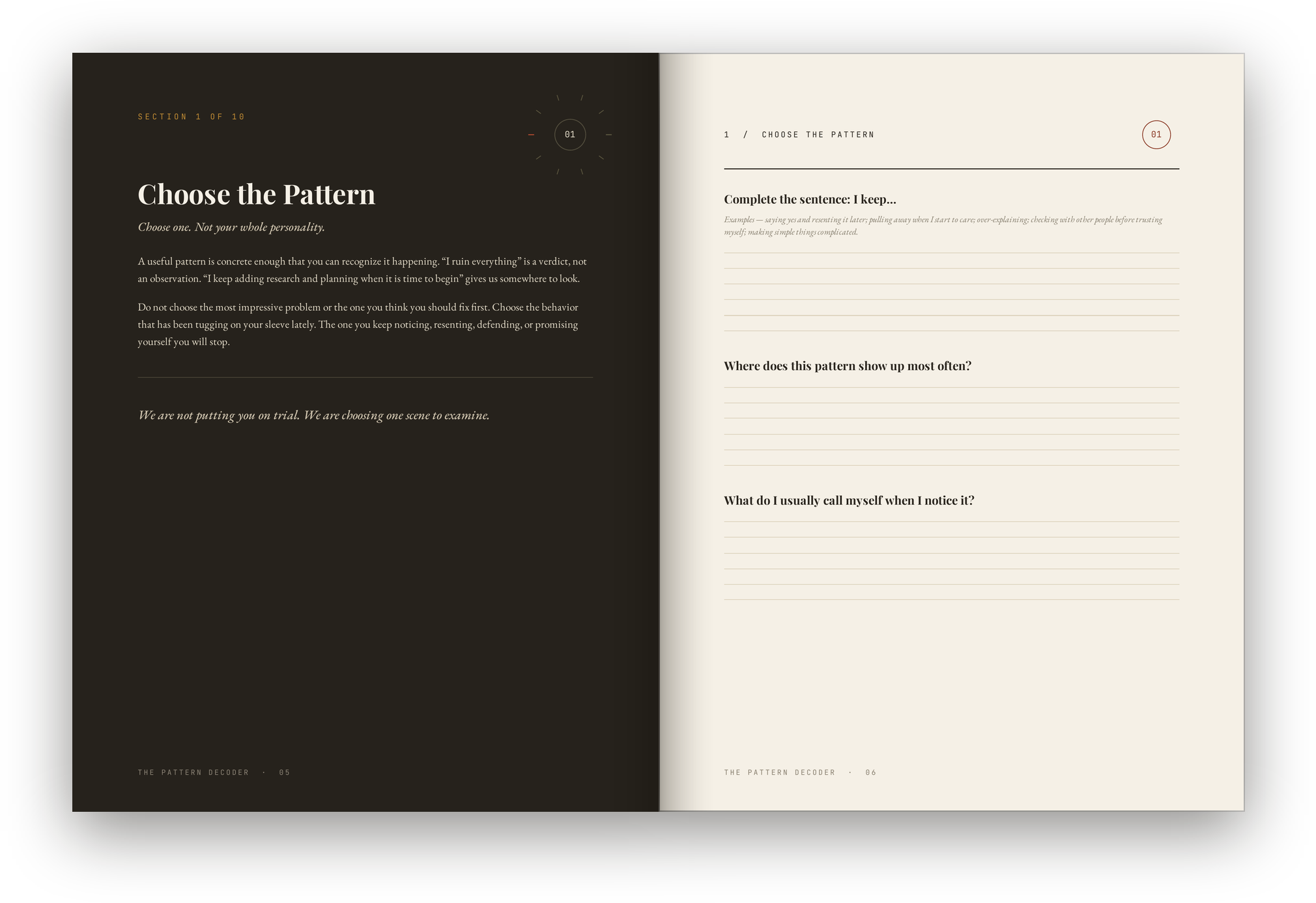 A spread from the workbook: the Section 1 opener, Choose the Pattern, facing a worksheet page with three questions and ruled lines to answer on.