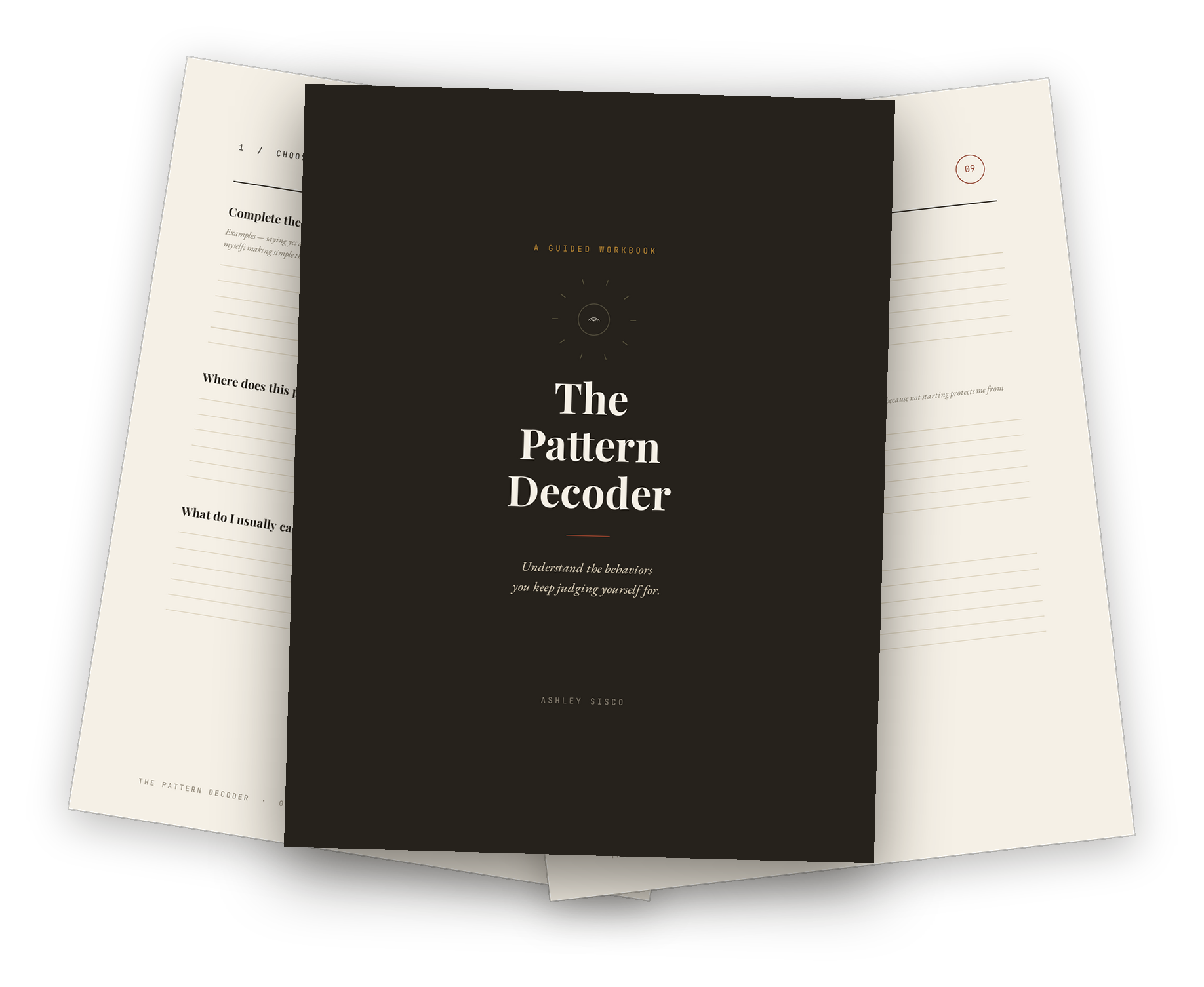 The Pattern Decoder workbook — the dark cover with two cream worksheet pages fanned out behind it.